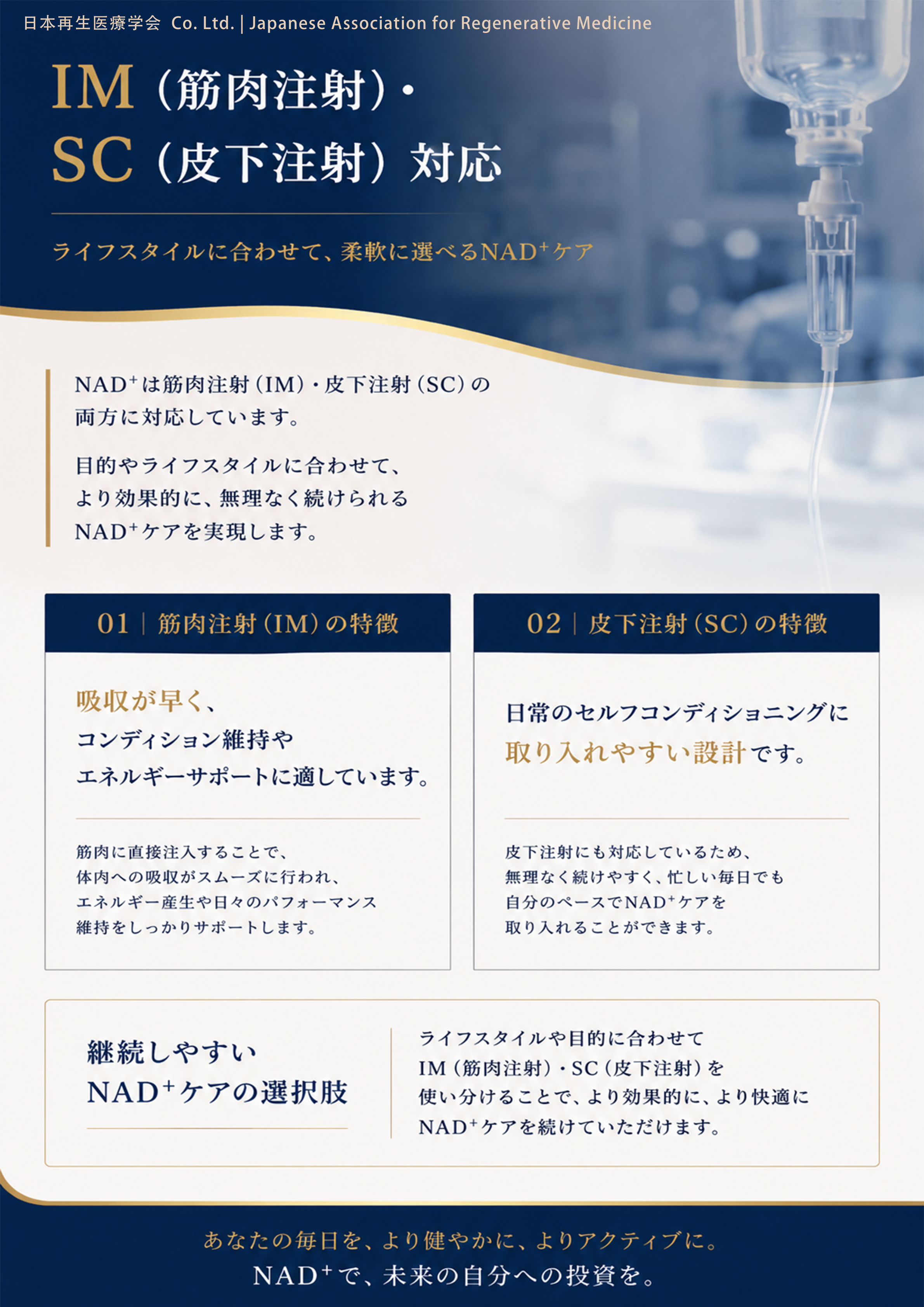 IM（筋肉注射）・SC（皮下注射）対応。ライフスタイルに合わせて選べるNAD+ケア。